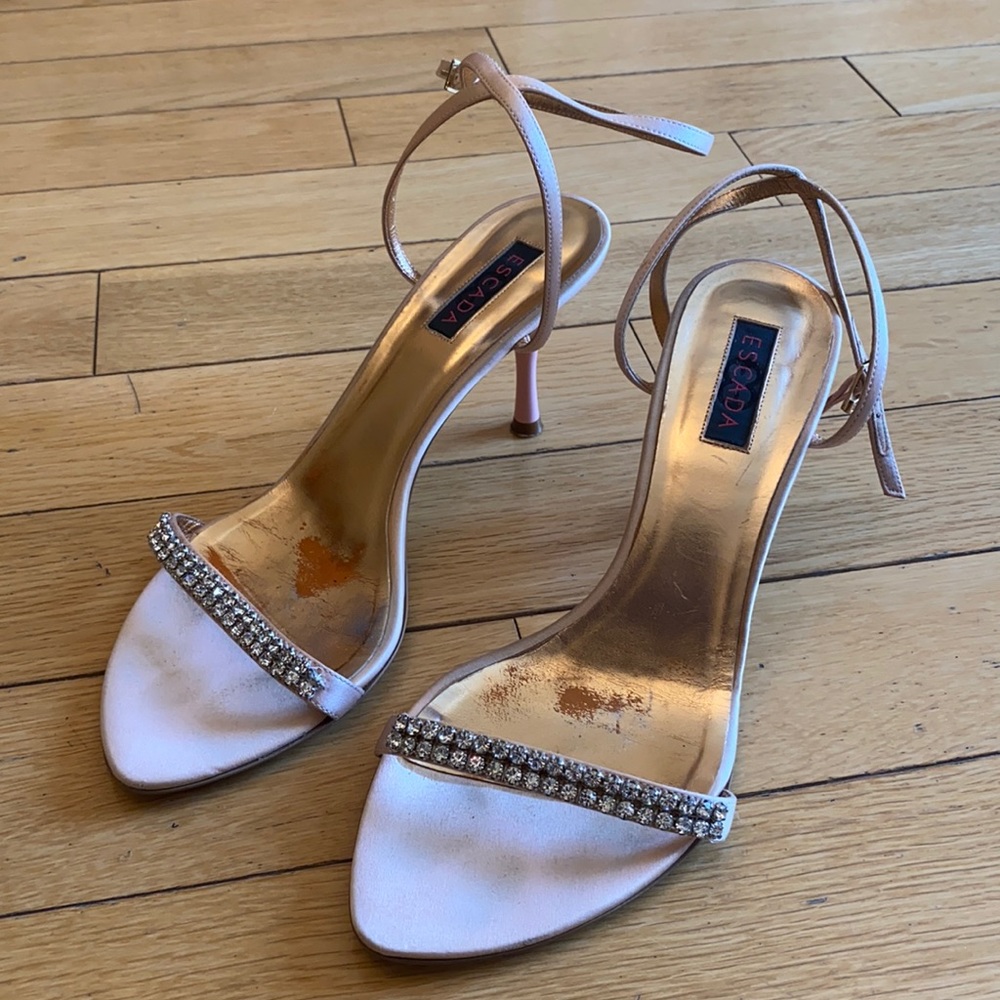 Escada Satin Strappy Sandal Heels with rhinestones. Size 39.5. Good Condition.